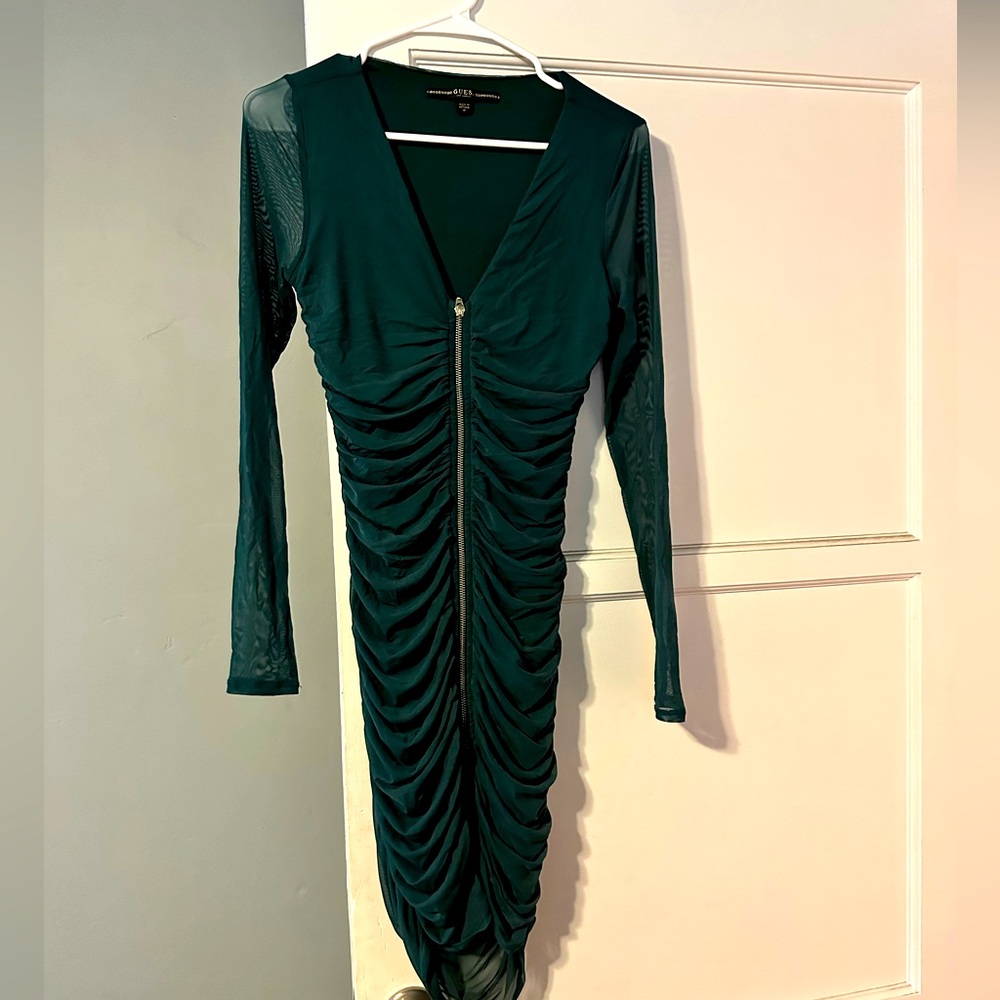 GUESS - Green Cinched Dress - Long Sleeve Mesh - Medium